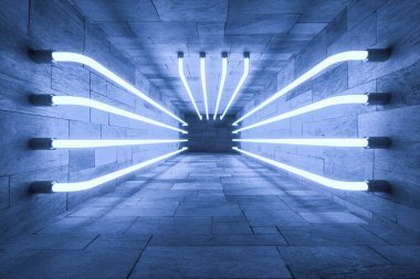 3D render, anbanoned odada parlayan sihirli çizgiler, koyu arka plan