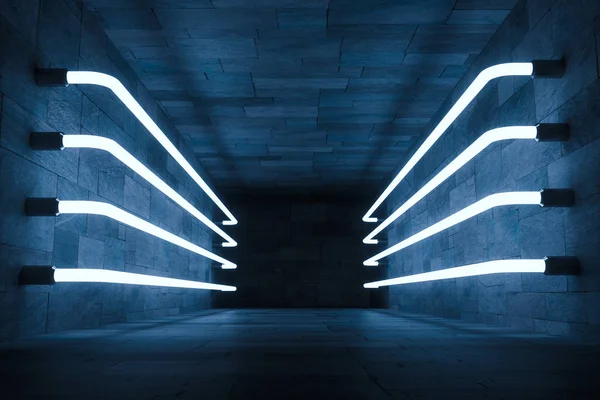 3D render, anbanoned odada parlayan sihirli çizgiler, koyu arka plan