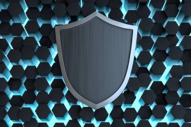 3d render, teknolojik arka plan ile bir savunma kalkanı