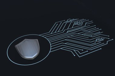 3d render, teknolojik arka plan ile bir savunma kalkanı