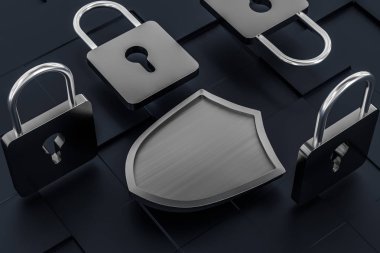 3d render, teknolojik arka plan ile bir savunma kalkanı