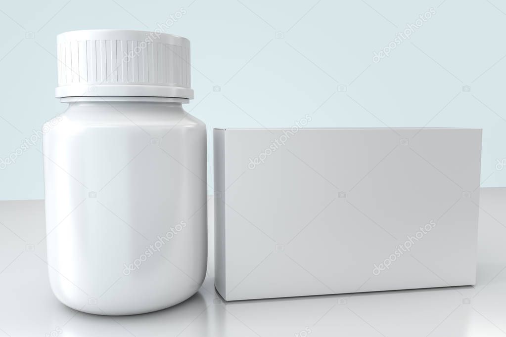 3d rendering, white medicine bottle with package boxes