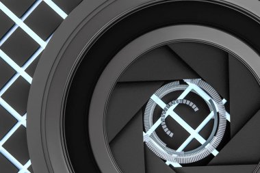 3d render, karanlık bir stüdyo arka planda kamera lensi