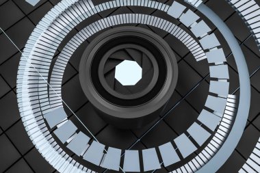 3d render, karanlık bir stüdyo arka planda kamera lensi