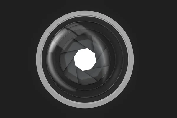 Rendering 3d, obiettivo della fotocamera in uno sfondo scuro dello studio — Foto Stock