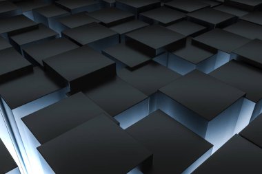 3d render, koyu arka plan, ışık etkisi ile küp tuğla. Bilgisayar dijital arka plan.