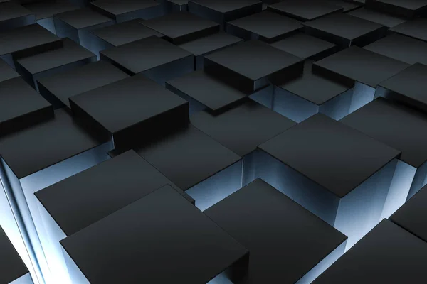 Renderização 3d, fundo escuro, tijolos de cubo com efeito de luz. Computador digital de fundo . — Fotografia de Stock