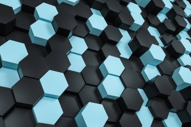 3d rendering, black and cyan hexagon cubes. clipart