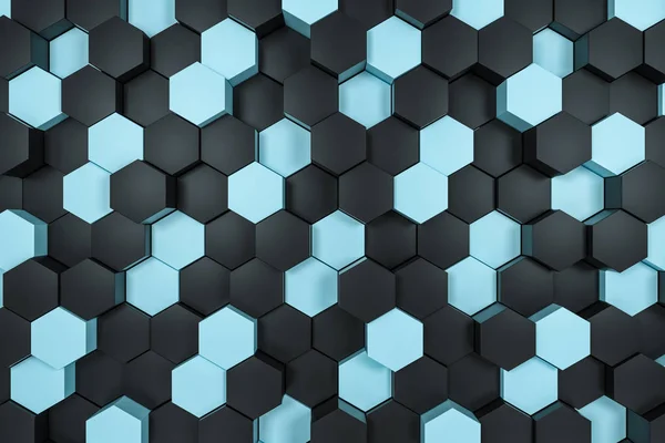 3D-Rendering, schwarze und zyanfarbene Sechseckwürfel. — Stockfoto