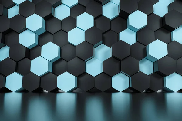 Rendu 3d, noir et cyan hexagone cubes . — Photo