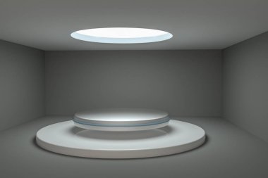 3d render, boş odada yuvarlak platform.
