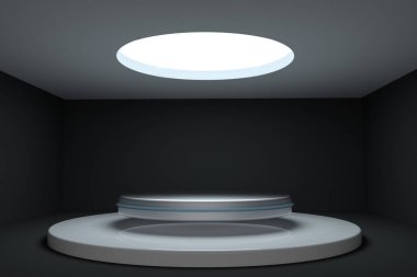 3d render, boş odada yuvarlak platform.