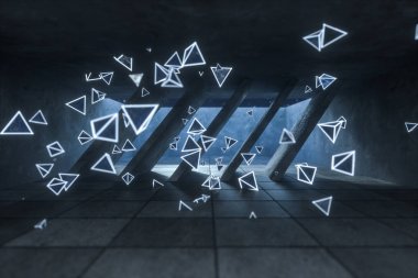 Terk edilmiş odada 3d render, parlayan sihirli üçgenler, karanlık arka plan