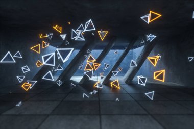 Terk edilmiş odada 3d render, parlayan sihirli üçgenler, karanlık arka plan