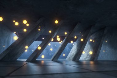 3d render, terk edilmiş odada parlayan ateş sinek, karanlık arka plan