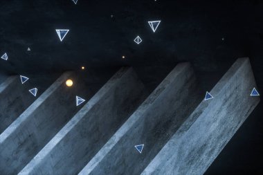 3d render, terk edilmiş odada parlayan ateş sinek, karanlık arka plan