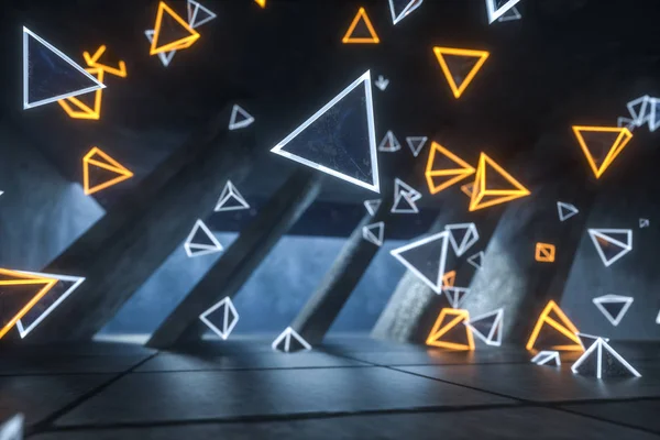 3Dレンダリング、放棄された部屋で光る魔法の三角形、暗い背景 — ストック写真
