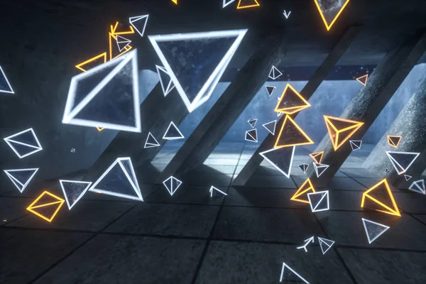 3D-Rendering, leuchtende magische Dreiecke im verlassenen Raum, dunkler Hintergrund — Stockfoto