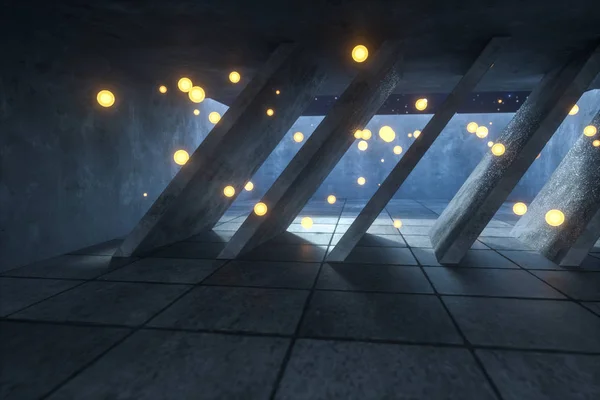 3D-rendering, glödande eld flyga i övergivna rum, mörk bakgrund — Stockfoto