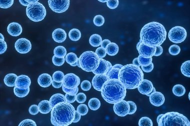 Mavi arka plan, 3d render yüzey detayları ile bulaşıcı virüs.