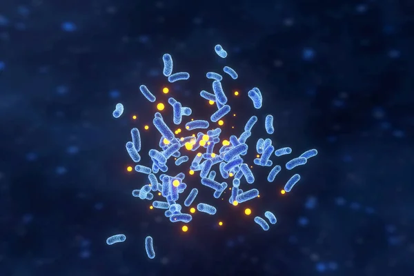 Virus infectieux avec détails de surface sur fond bleu, rendu 3d . — Photo
