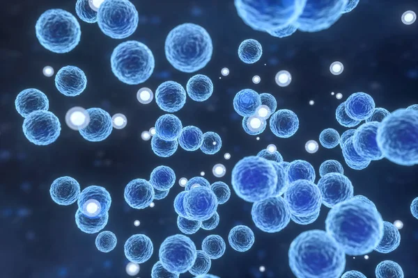Virus infettivo con dettagli superficiali su sfondo blu, rendering 3d . — Foto Stock