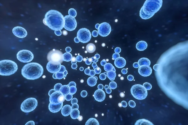 Infectieuze virus met oppervlakte Details op blauwe achtergrond, 3D-rendering. — Stockfoto