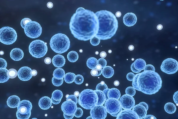 Virus infettivo con dettagli superficiali su sfondo blu, rendering 3d . — Foto Stock