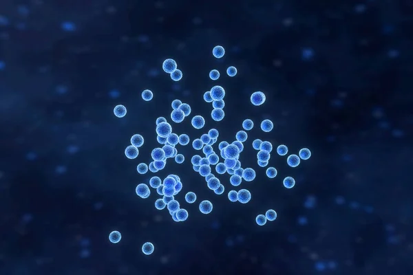 Infektiöst virus med ytdetaljer på blå bakgrund, 3D-rendering. — Stockfoto