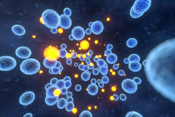 Infectieuze virus met oppervlakte Details op blauwe achtergrond, 3D-rendering. — Stockfoto