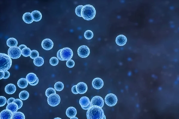 Virus infeccioso con detalles de la superficie sobre fondo azul, representación 3d . —  Fotos de Stock