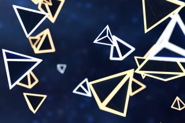 3d render, koyu arka plan ile parlayan üçgen küp.