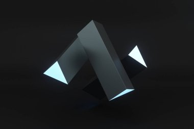 3d render, koyu arka plan ile mavi parlayan üçgen sütun,