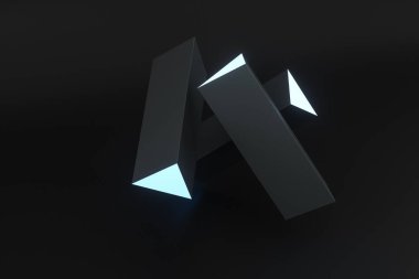 3d render, koyu arka plan ile mavi parlayan üçgen sütun,
