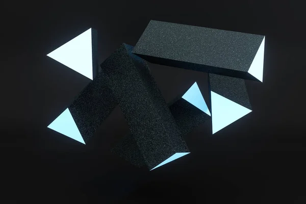 3Dレンダリング、暗い背景を持つ青い輝く三角形の柱, — ストック写真