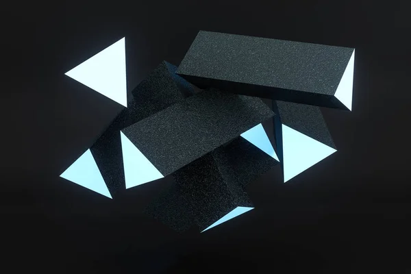3Dレンダリング、暗い背景を持つ青い輝く三角形の柱, — ストック写真