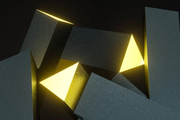 3Dレンダリング、暗い背景を持つ黄色の輝く三角形の柱, — ストック写真