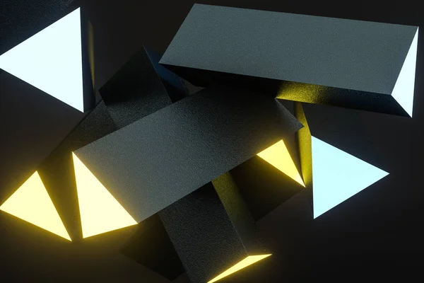 3d рендеринг, желтый светящийся треугольник столб с темным фоном , — стоковое фото
