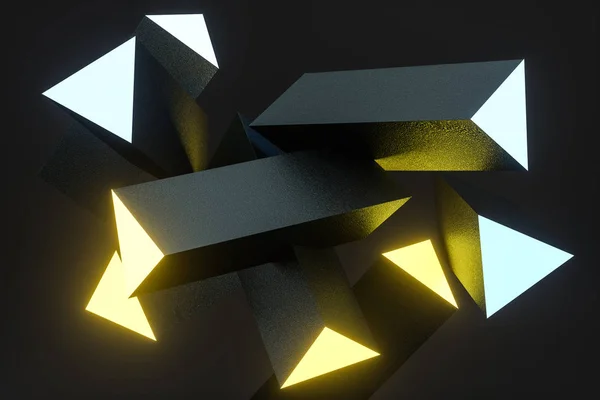 Rendering 3d, colonna triangolo giallo incandescente con sfondo scuro , — Foto Stock