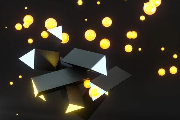 3Dレンダリング、暗い背景を持つ黄色の輝く三角形の柱, — ストック写真