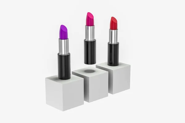 Lipstik dengan latar belakang warna terang, fotografi produk, render 3d . — Stok Foto