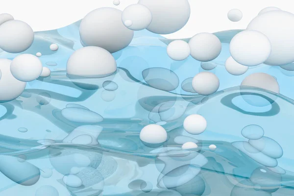 Ljusblå vatten våg kub, med kreativa sfärer bubbla, 3D-rendering. — Stockfoto