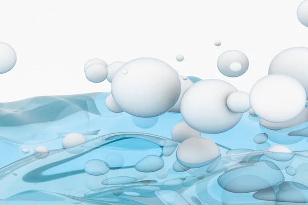 Kubus gelombang air biru muda, dengan bola kreatif gelembung, rendering 3d . — Stok Foto