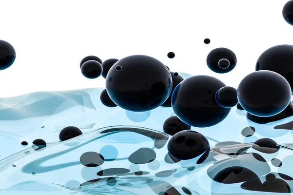Kubus gelombang air biru muda, dengan bola kreatif gelembung, rendering 3d . — Stok Foto
