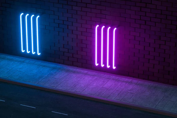 Tuğla duvar arka plan, 3d render ile parlayan neon. — Stok fotoğraf