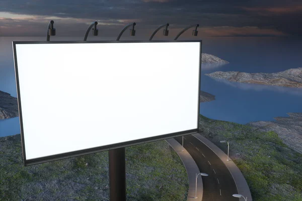 Placa de publicidade em branco e estrada sinuosa, renderização 3d — Fotografia de Stock