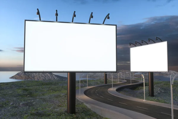 Placa de publicidade em branco e estrada sinuosa, renderização 3d — Fotografia de Stock