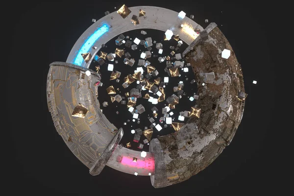 3D-rendering, vetenskaplig mekanisk ring i yttre rymden. — Stockfoto