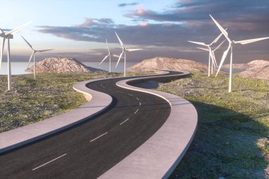 Yel değirmenleri ve dolambaçlı yol açık, 3D görüntüleme.