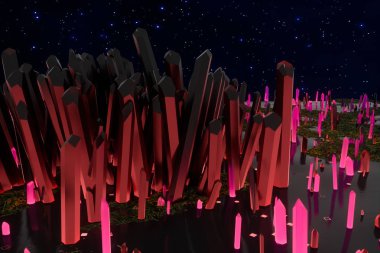 Hassas kesilmiş sihirli kristal, bilim kurgu ve sihirli tema, 3d render bir küme.